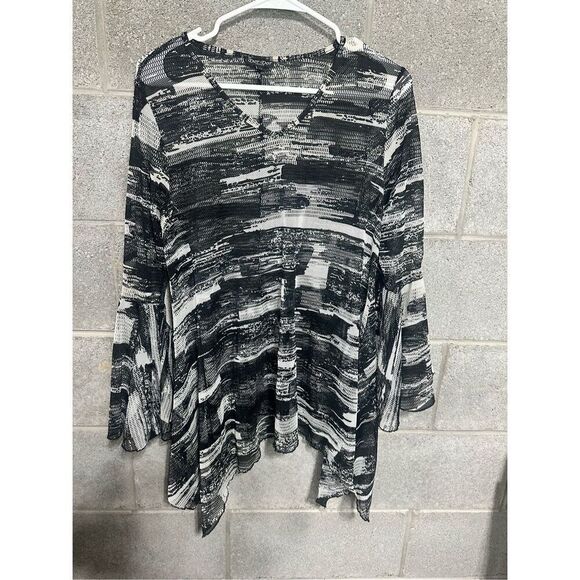 Dor Dor Couture ABSTRACT Bell Sleeve Mesh Sheer Medium Tunic Top - Picture 1 of 5